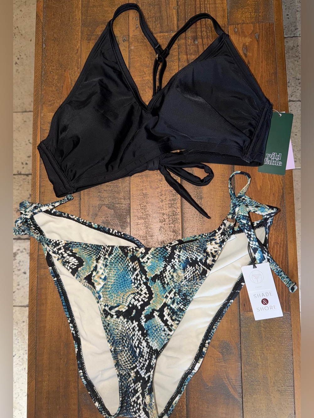 Shade & Shore Black Triangle Top with Blue-Green Snake Print Tie-Side Bottoms